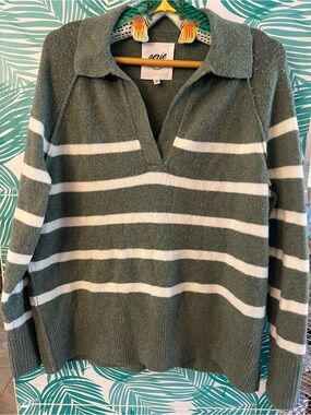 Aerie Unreal Olive & White Striped Polo Oversized V-Neck Collared Sweater XXS